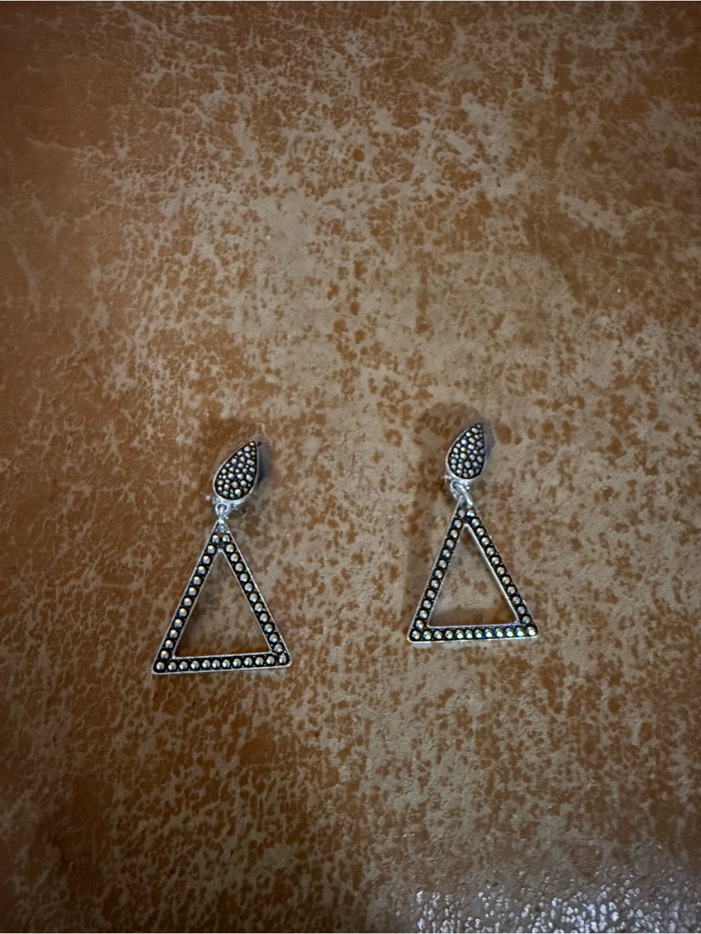 Triangle Drop Earrings with Marcasite Accents - Silver